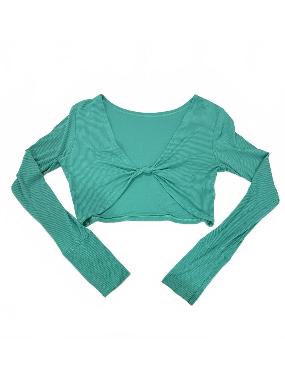 Aerie OFFLINE Teal Ribbed Modal Crop Top Long Sleeve Bow Thumbholes Large - Picture 3 of 9